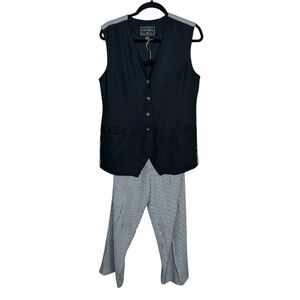 Vintage Express Black and White Striped Women's Pantsuit with Button-Up Vest